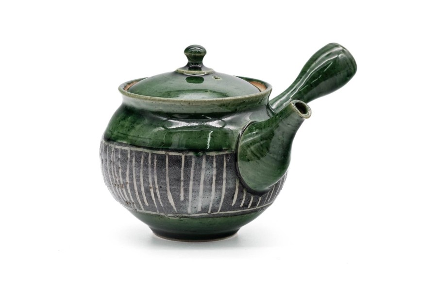 Shop Teaware Tokoname-yaki Kyusu (Teapots) | Japanese Kyusu - Junzo Maekawa - Green Oribe Glaze Inlaid Tokoname Teapot - 280Ml