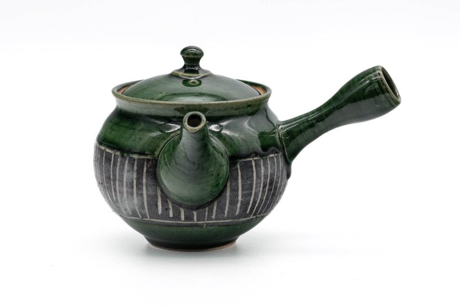 Shop Teaware Tokoname-yaki Kyusu (Teapots) | Japanese Kyusu - Junzo Maekawa - Green Oribe Glaze Inlaid Tokoname Teapot - 280Ml