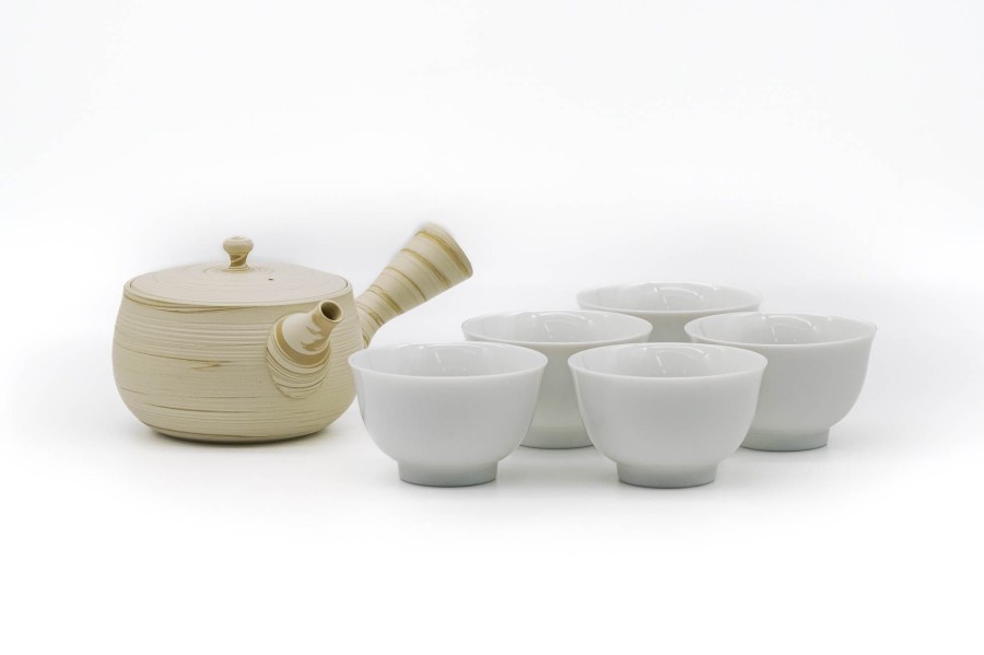 Shop Teaware Tokoname-yaki Tea Sets | Japanese Tea Set - Tosen Kiln - Yellow Tokoname Teapot With 5 Porcelain Tea Cups