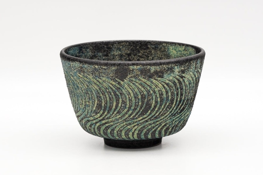 Shop Teaware Kiyomizu-yaki Chawan (Matcha Bowls) | Japanese Matcha Bowl - Igura Toshiya - Wavy Blue-Green Kiyomizu-Yaki Tea Bowl