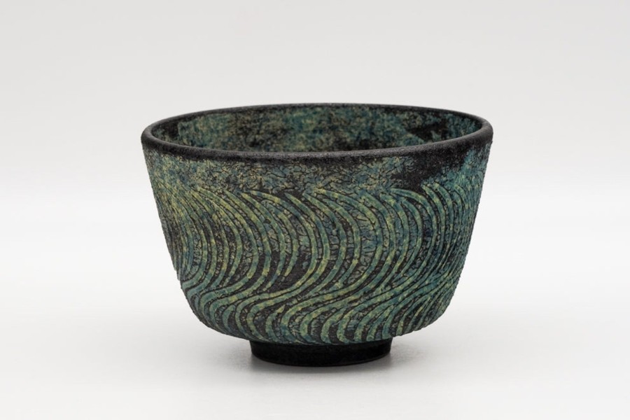 Shop Teaware Kiyomizu-yaki Chawan (Matcha Bowls) | Japanese Matcha Bowl - Igura Toshiya - Wavy Blue-Green Kiyomizu-Yaki Tea Bowl