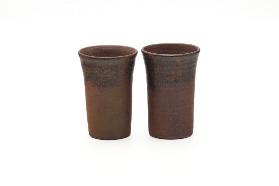 Shop Teaware Bizen-yaki Yunomi (Teacups) | Japanese Tea Cups - Pair Of Tall Brown Earthenware Yunomi - 250 Ml