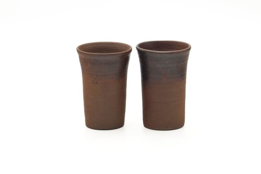 Shop Teaware Bizen-yaki Yunomi (Teacups) | Japanese Tea Cups - Pair Of Tall Brown Earthenware Yunomi - 250 Ml