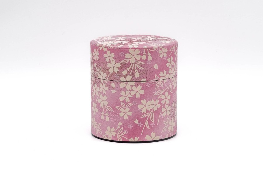 Shop Teaware Other Production Areas Tea Storage | Japanese Chazutsu - Kotodo - Pink Beige Flower Sakura With Paper Metal Tea Can - 150G