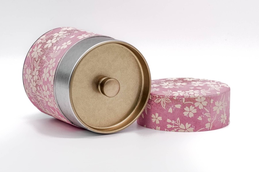 Shop Teaware Other Production Areas Tea Storage | Japanese Chazutsu - Kotodo - Pink Beige Flower Sakura With Paper Metal Tea Can - 150G