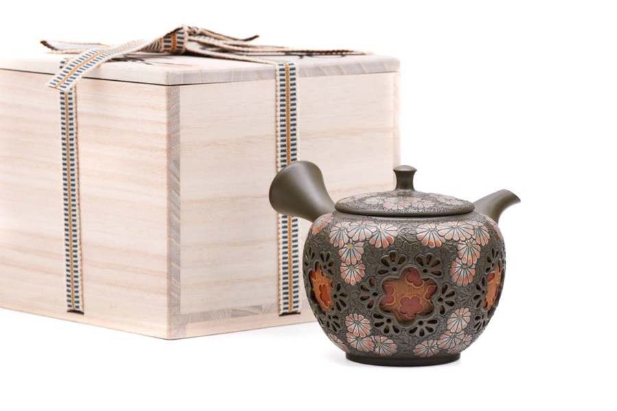 Shop Teaware Tokoname-yaki Kyusu (Teapots) | Japanese Kyusu - Mano Shunen - Chrysanthemum Layered Tokoname Teapot - 200Ml