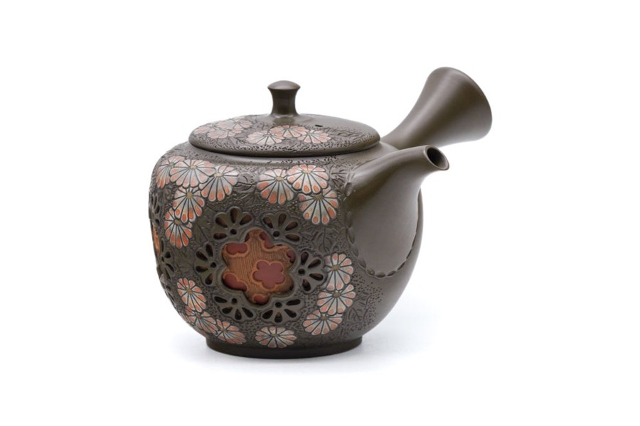 Shop Teaware Tokoname-yaki Kyusu (Teapots) | Japanese Kyusu - Mano Shunen - Chrysanthemum Layered Tokoname Teapot - 200Ml