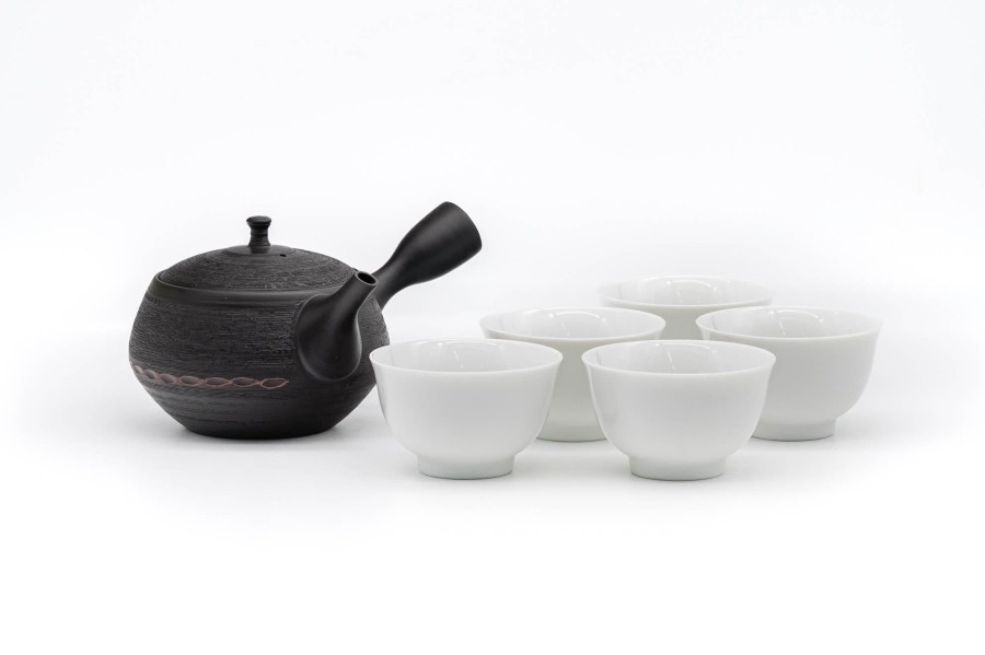 Shop Teaware Tokoname-yaki Tea Sets | Japanese Tea Set - Hokuryu - Shudashi Kokudei Tokoname Teapot With 5 Porcelain Tea Cups