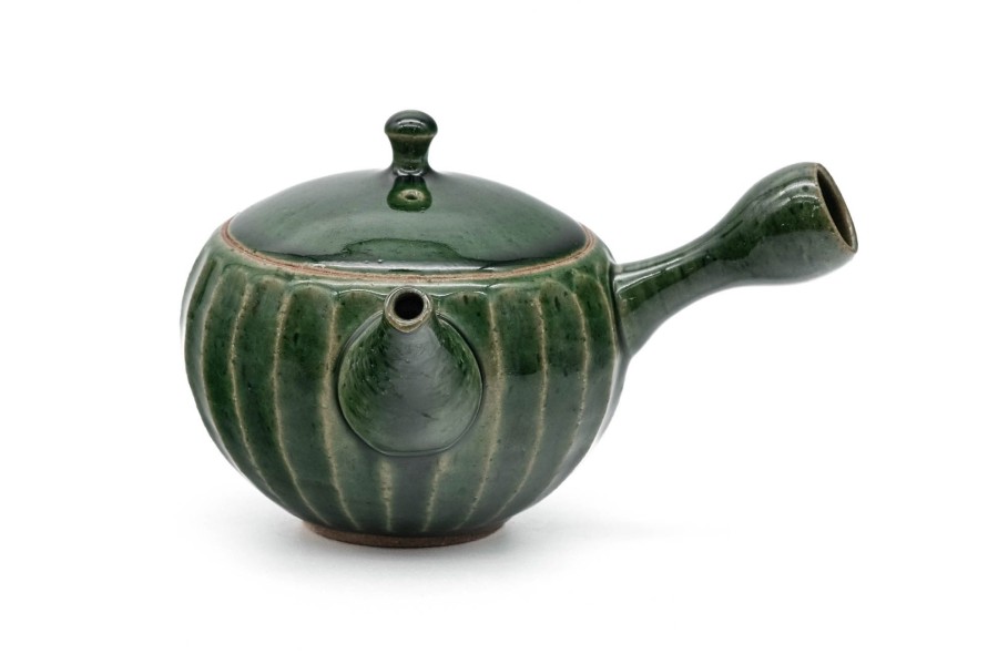 Shop Teaware Tokoname-yaki Kyusu (Teapots) | Japanese Kyusu - Junzo Maekawa - Green Faceted Oribe Glaze Tokoname Teapot - 270Ml