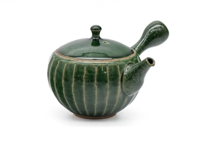 Shop Teaware Tokoname-yaki Kyusu (Teapots) | Japanese Kyusu - Junzo Maekawa - Green Faceted Oribe Glaze Tokoname Teapot - 270Ml