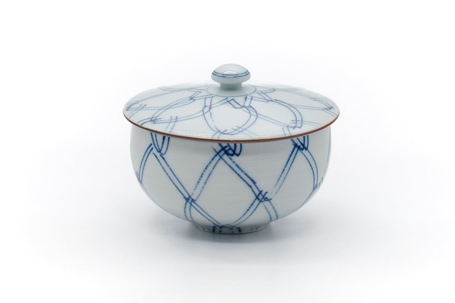 Shop Teaware Arita-yaki Yunomi (Teacups) | Japanese Tea Cup - Blue Geometric Arita With Lid Yunomi - 190Ml