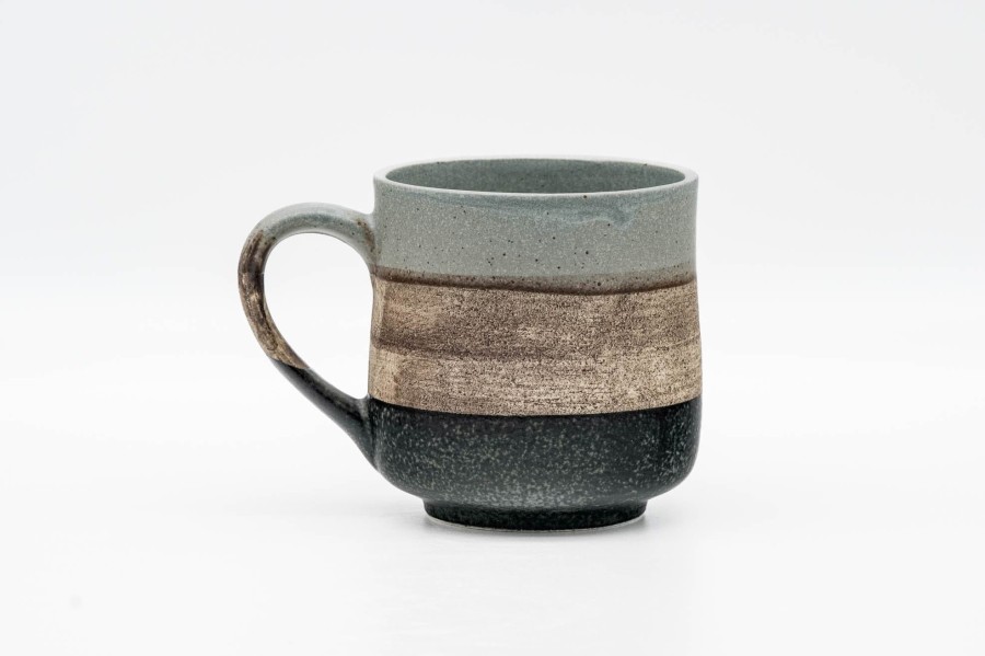 Shop Teaware Tokoname-yaki Yunomi (Teacups) | Japanese Tea Cup - Gray Beige Black Stripe Back Handle Yunomi - 280Ml