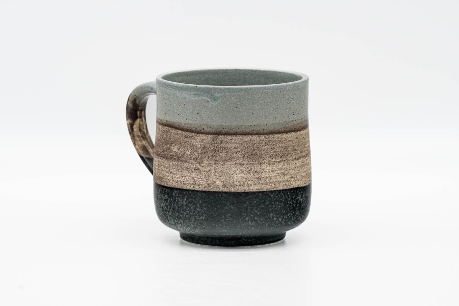 Shop Teaware Tokoname-yaki Yunomi (Teacups) | Japanese Tea Cup - Gray Beige Black Stripe Back Handle Yunomi - 280Ml