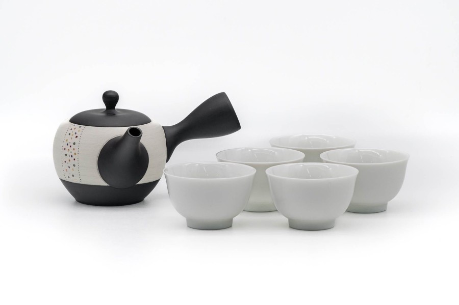 Shop Teaware Tokoname-yaki Tea Sets | Japanese Tea Set - Shoho Kiln - Black And White Pearlescent Tokoname Teapot With 5 Porcelain Tea Cups