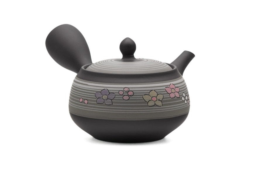 Shop Teaware Tokoname-yaki Kyusu (Teapots) | Kyushu, Japan - Shunju Kiln - Gray Floral Tokoname Ceramic Teapot - 320Ml