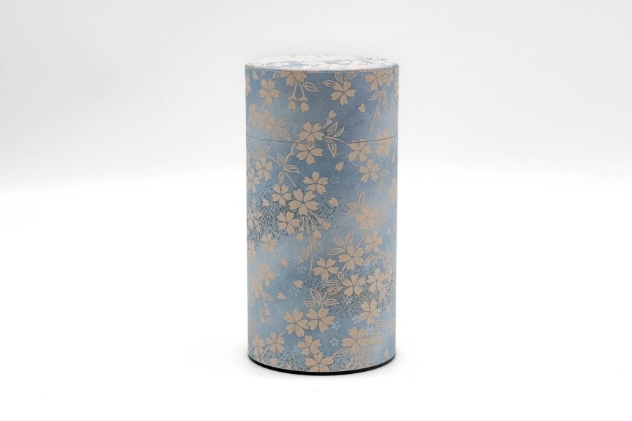 Shop Teaware Other Production Areas Tea Storage | Japanese Chazutsu - Kotodo - Blue Beige Floral Sakura Washi Metal Tea Can - 200G