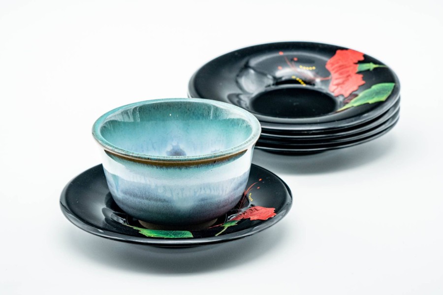 Shop Teaware Lacquer Chataku (Tea Saucers) | Japanese Tea Tower - Set Of 5 Floral Black Lacquer Saucers