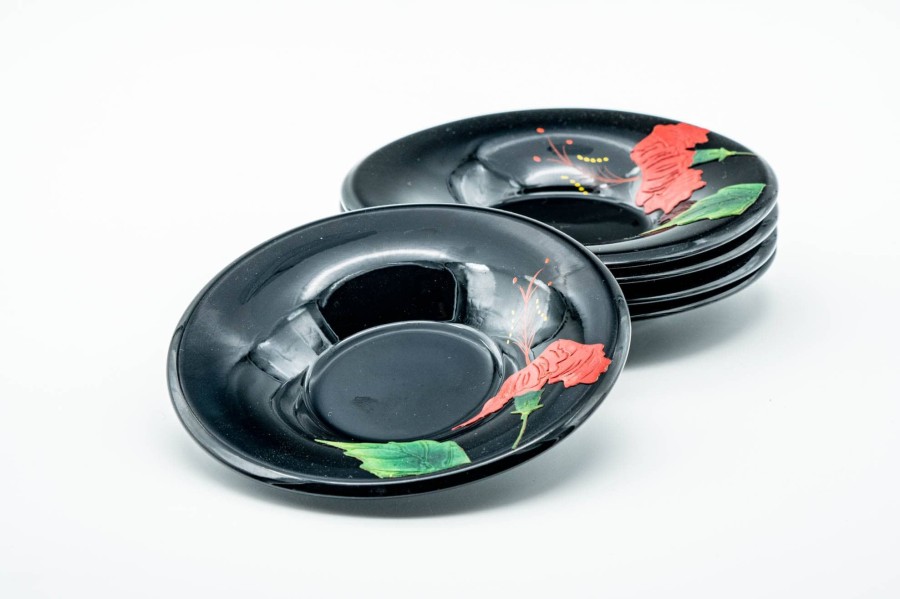 Shop Teaware Lacquer Chataku (Tea Saucers) | Japanese Tea Tower - Set Of 5 Floral Black Lacquer Saucers