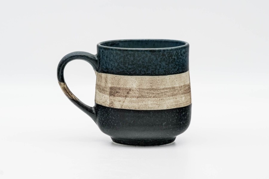 Shop Teaware Tokoname-yaki Yunomi (Teacups) | Japanese Tea Cup - Blue Beige Black Stripe Back Handle Yunomi - 280Ml