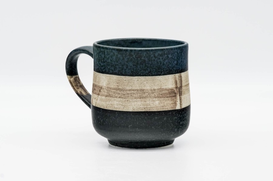 Shop Teaware Tokoname-yaki Yunomi (Teacups) | Japanese Tea Cup - Blue Beige Black Stripe Back Handle Yunomi - 280Ml