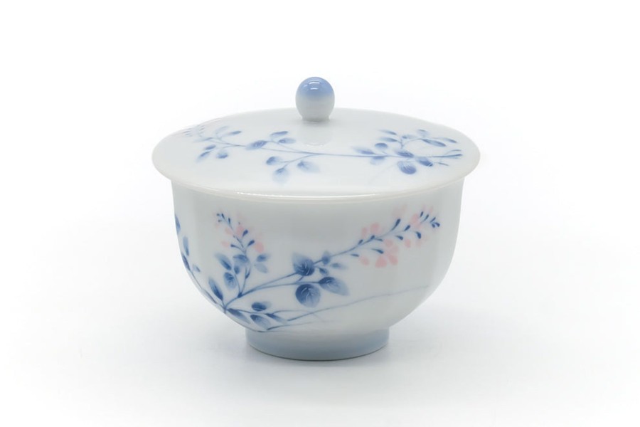 Shop Teaware Arita-yaki Yunomi (Teacups) | Japanese Tea Cup - Blue Floral Arita Porcelain Lid Yunomi - 170Ml