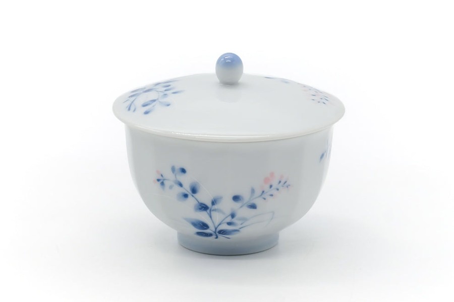 Shop Teaware Arita-yaki Yunomi (Teacups) | Japanese Tea Cup - Blue Floral Arita Porcelain Lid Yunomi - 170Ml