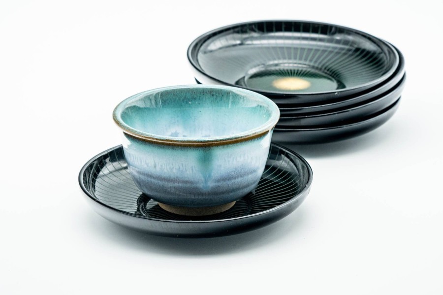 Shop Teaware Lacquer Chataku (Tea Saucers) | Japanese Tea Tower - Set Of 5 Blue Gold Geometric Black Lacquer Saucers