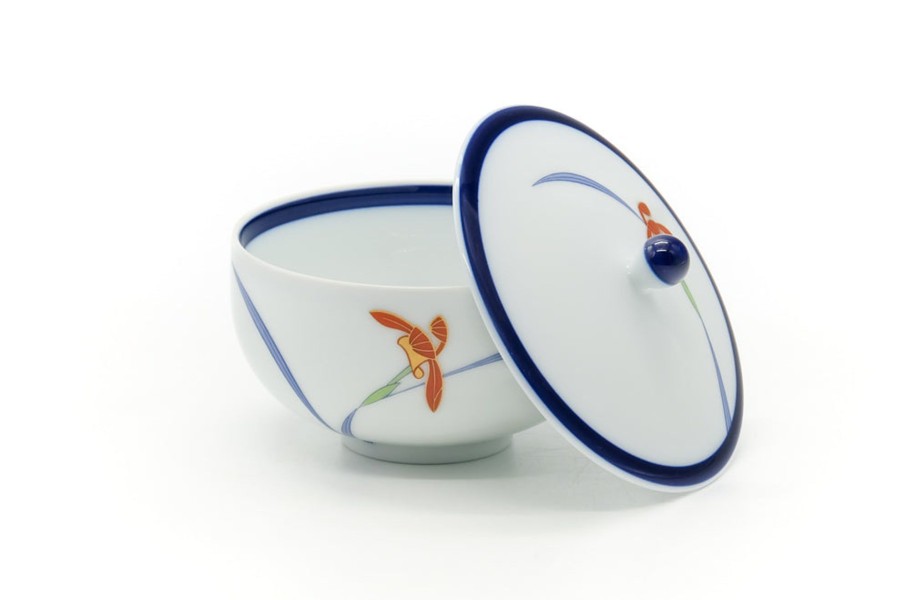 Shop Teaware Arita-yaki Yunomi (Teacups) | Japanese Tea Cup - Blue Bordered Flower Arita Covered Yuno - 170Ml