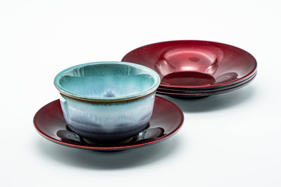 Shop Teaware Lacquer Chataku (Tea Saucers) | Japanese Tea Tower - Set Of 4 Scarlet Black Lacquer Saucers