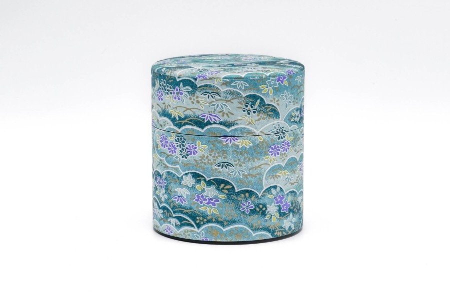 Shop Teaware Other Production Areas Tea Storage | Japanese Chazutsu - Kotodo - Blue Floral Paper Wrapped Metal Tea Can - 150G